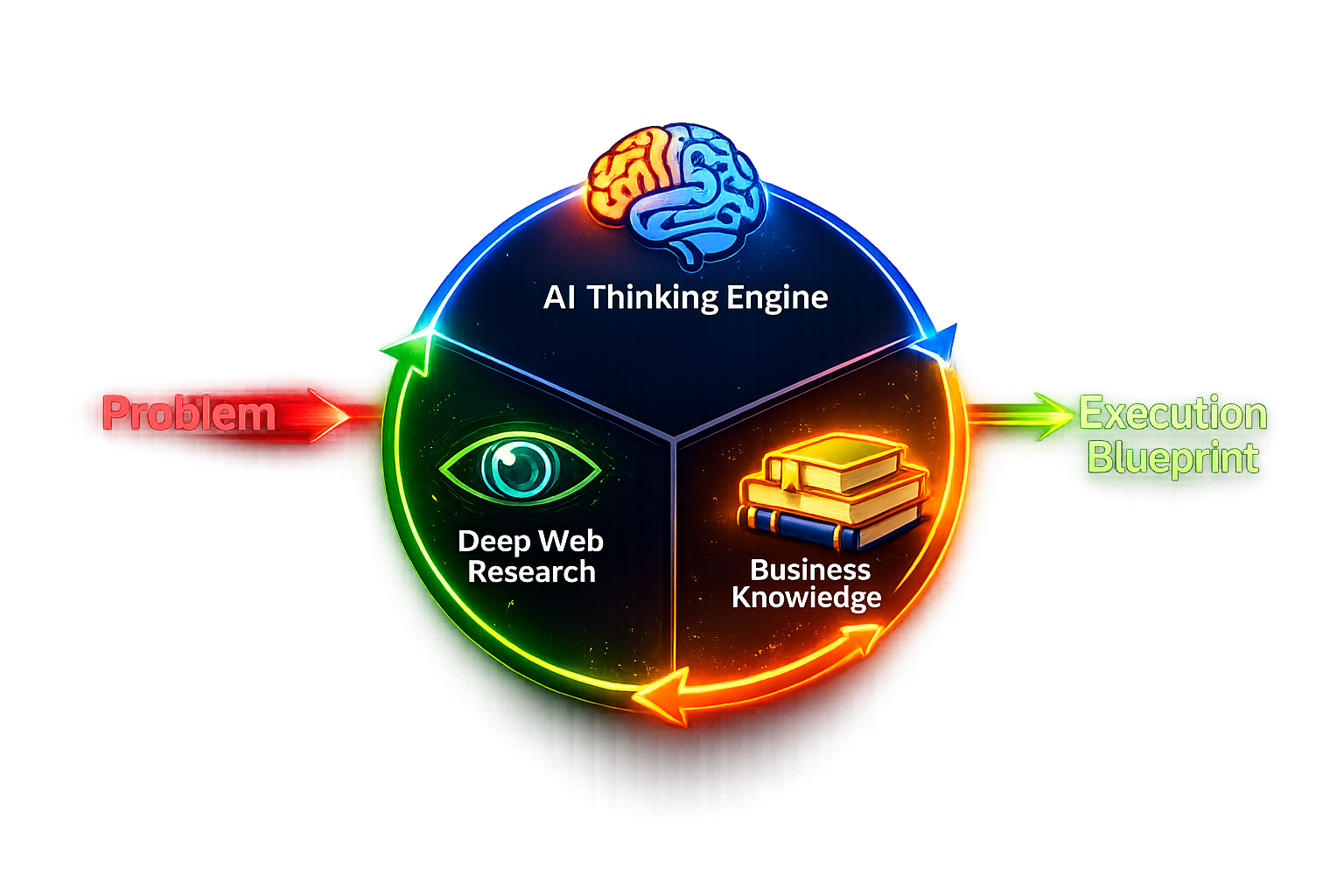 MOGHQ AI analysis process: Problem goes in, AI Thinking Engine plus Deep Web Research plus Business Knowledge produces an Execution Blueprint
